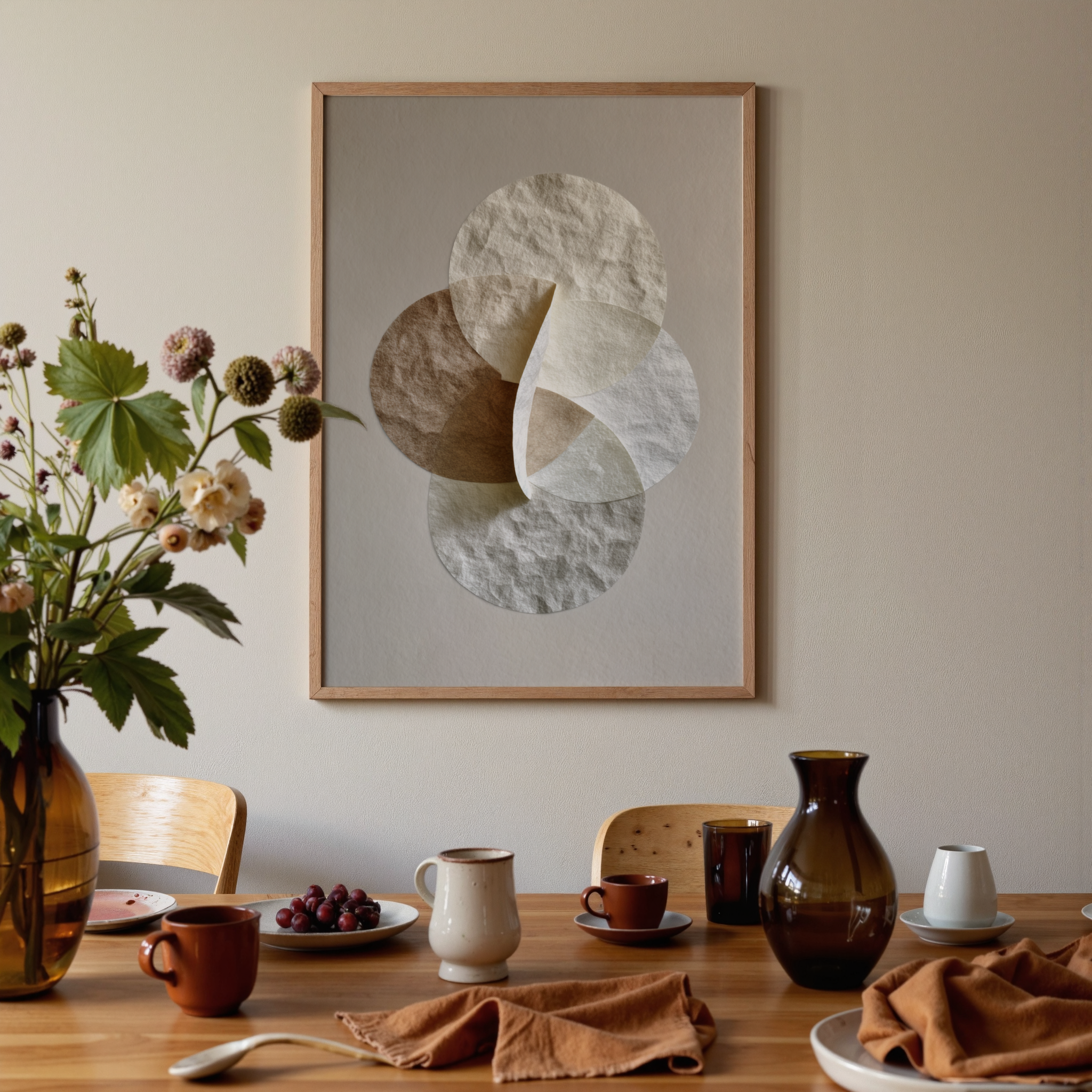 Dining room with a table set for a meal, framed abstract art on the wall, and a vase with flowers.