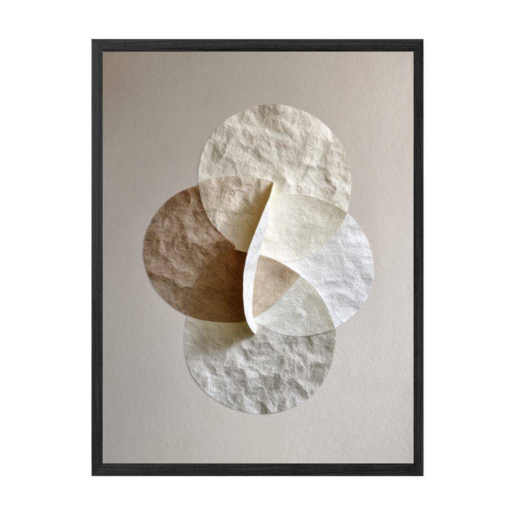 Framed abstract art print with circular shapes on a beige background