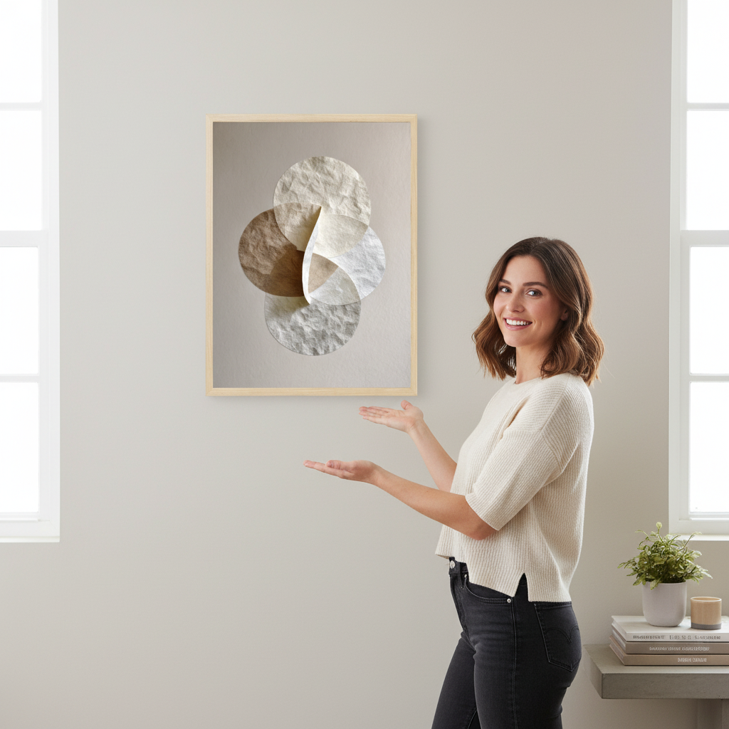 Woman standing in a room with a framed abstract art piece on the wall.