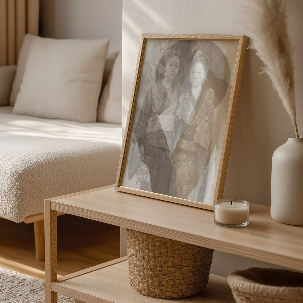 Framed portrait on a wooden coffee table with a candle and decorative items in a cozy living room.
