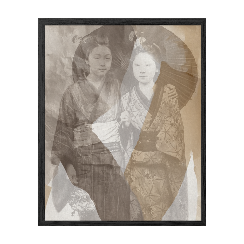 Framed artwork of two women in traditional attire holding an umbrella.