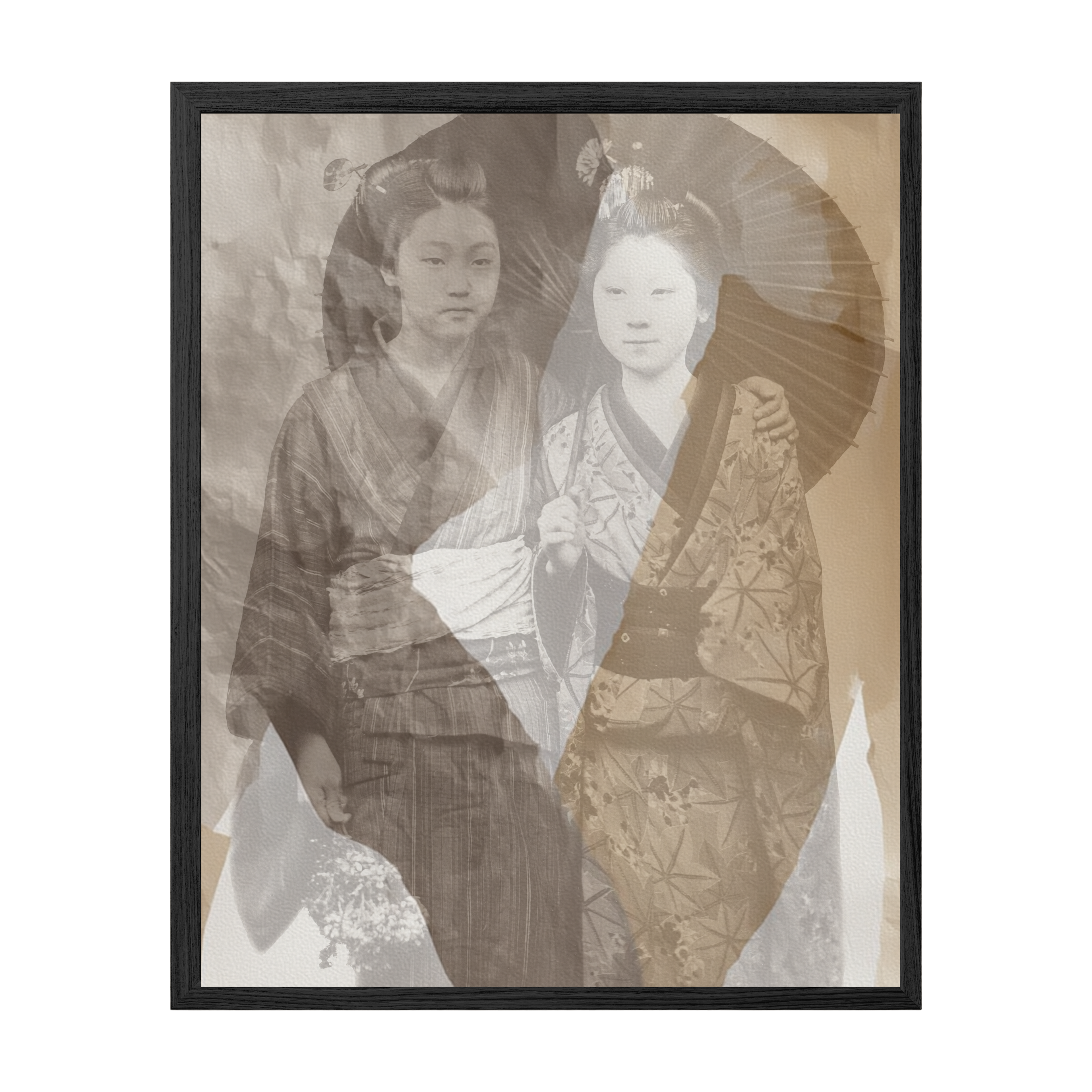 Framed artwork of two women in traditional attire holding an umbrella.