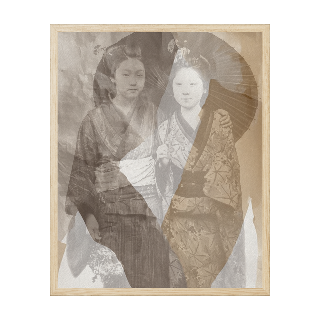 Vintage Japanese photography art print of geisha girls from 1880, traditional kimono portrait with historical cultural detail.