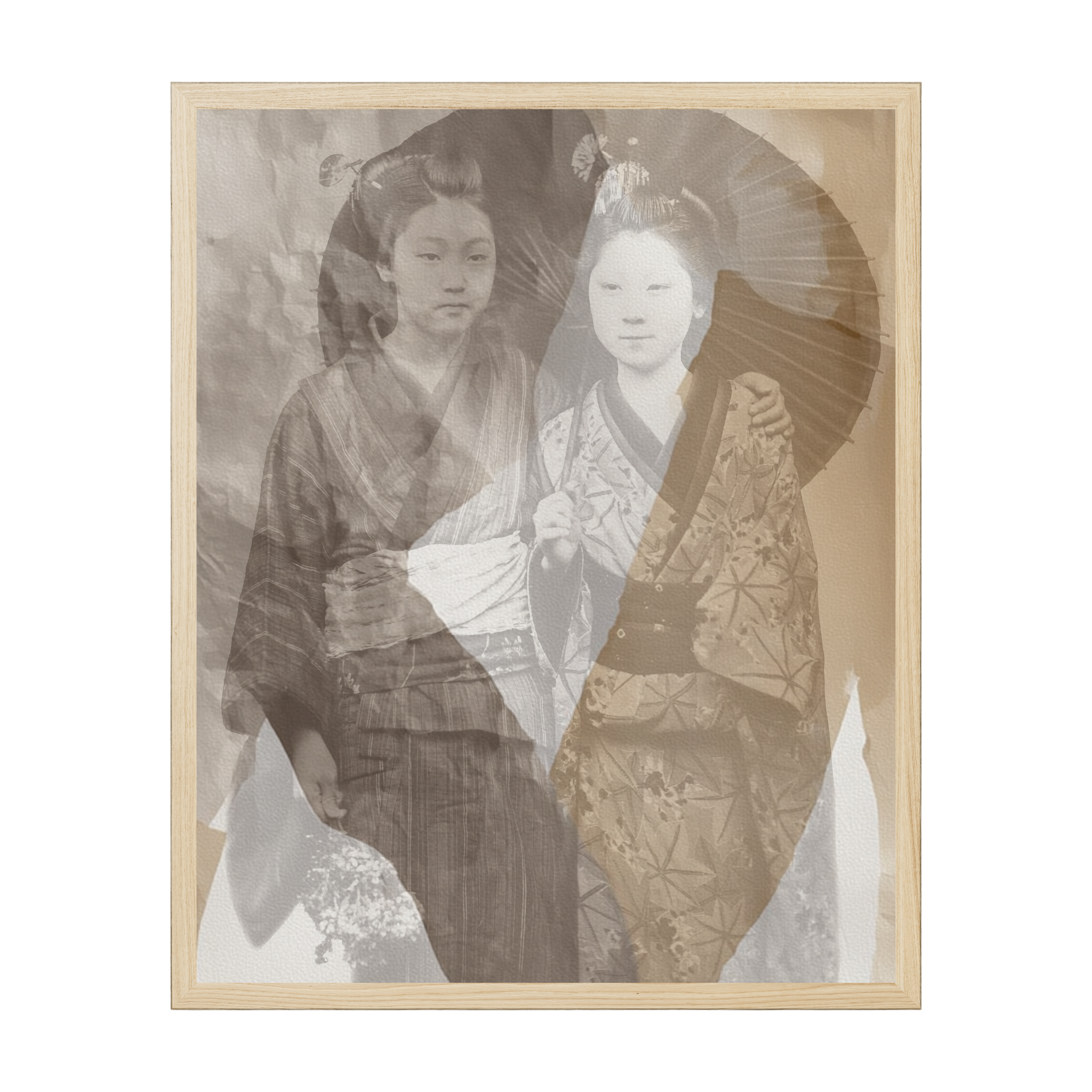 Vintage Japanese photography art print of geisha girls from 1880, traditional kimono portrait with historical cultural detail.