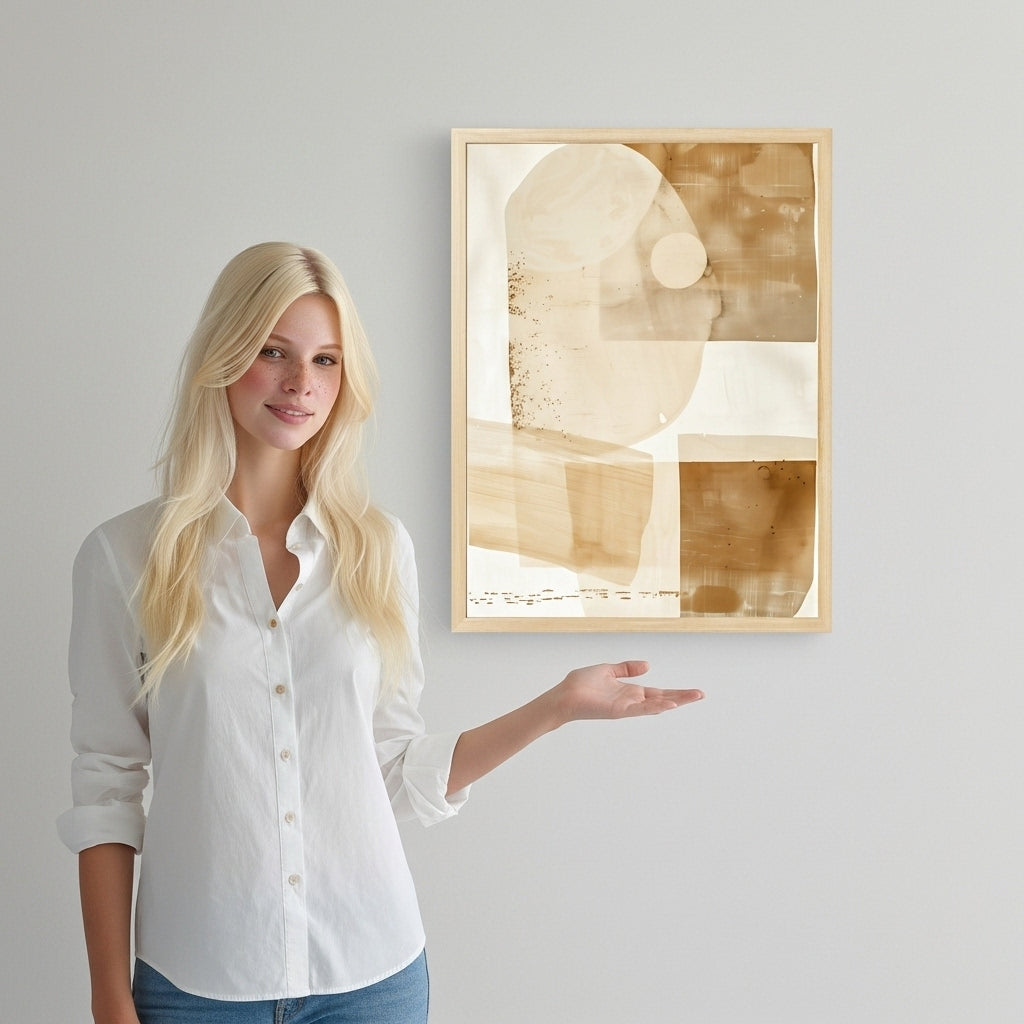 Woman standing next to a framed abstract art piece on a wall