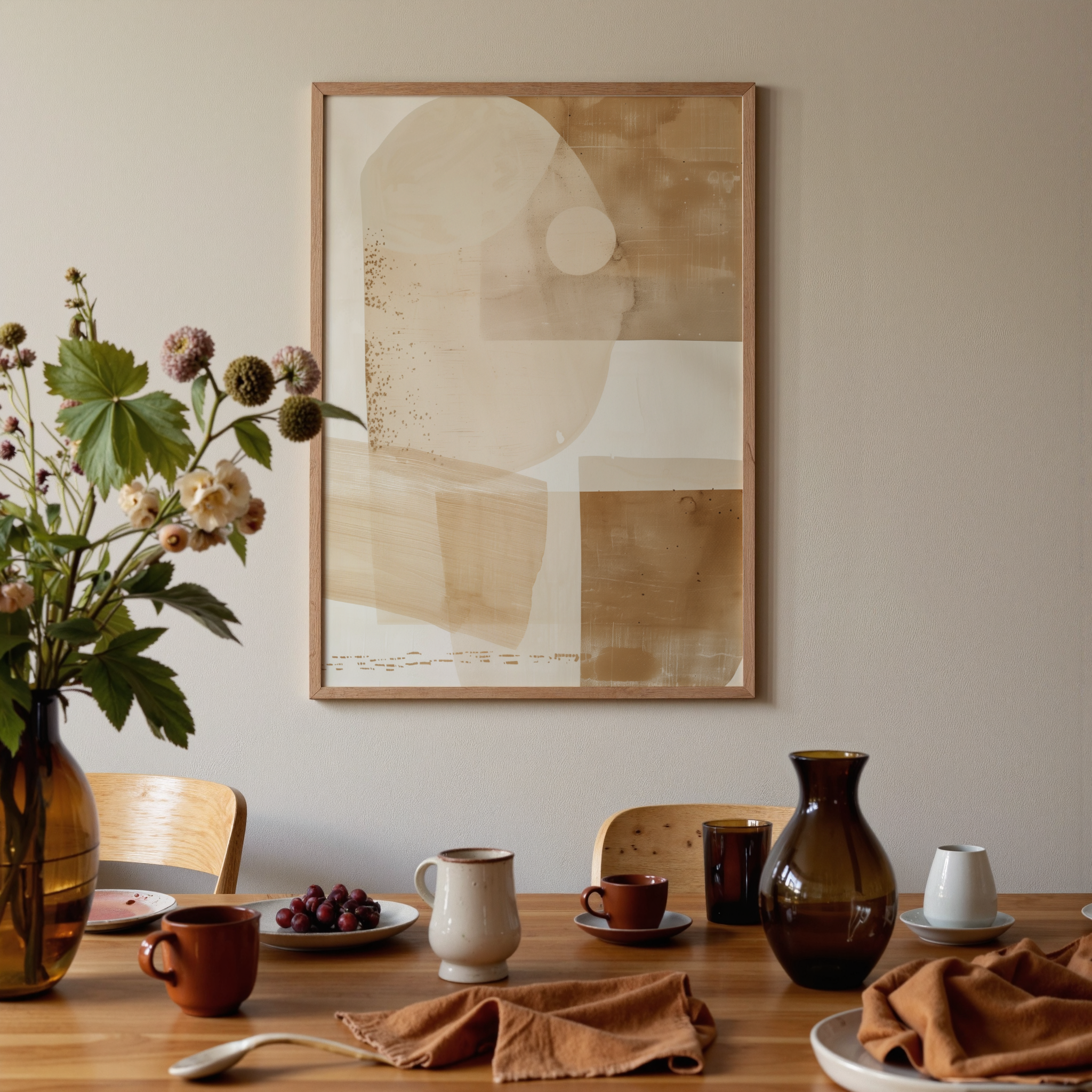Dining room with a wooden table set for a meal, abstract art on the wall, and decorative elements.