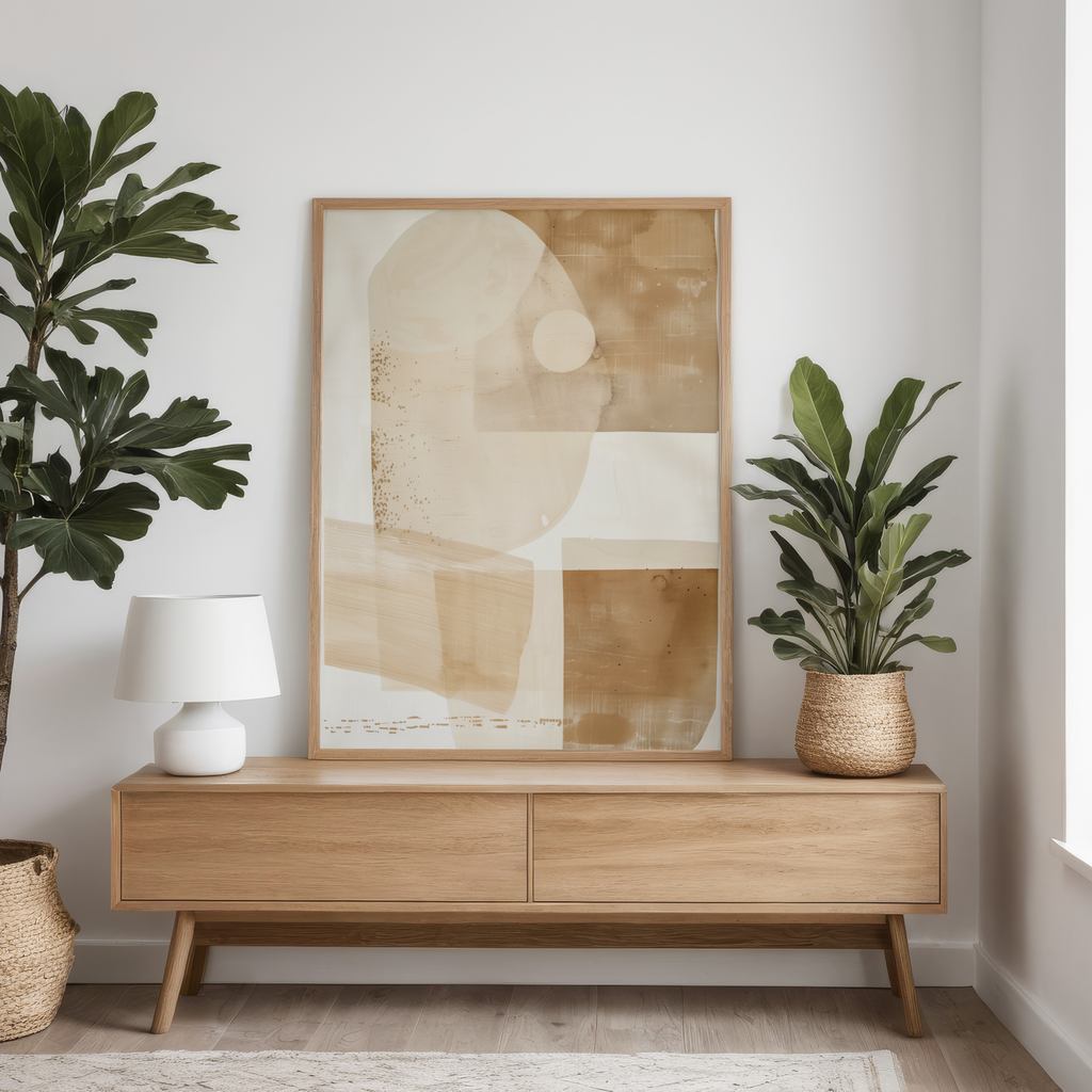Wooden console table with abstract art and plants in a room.