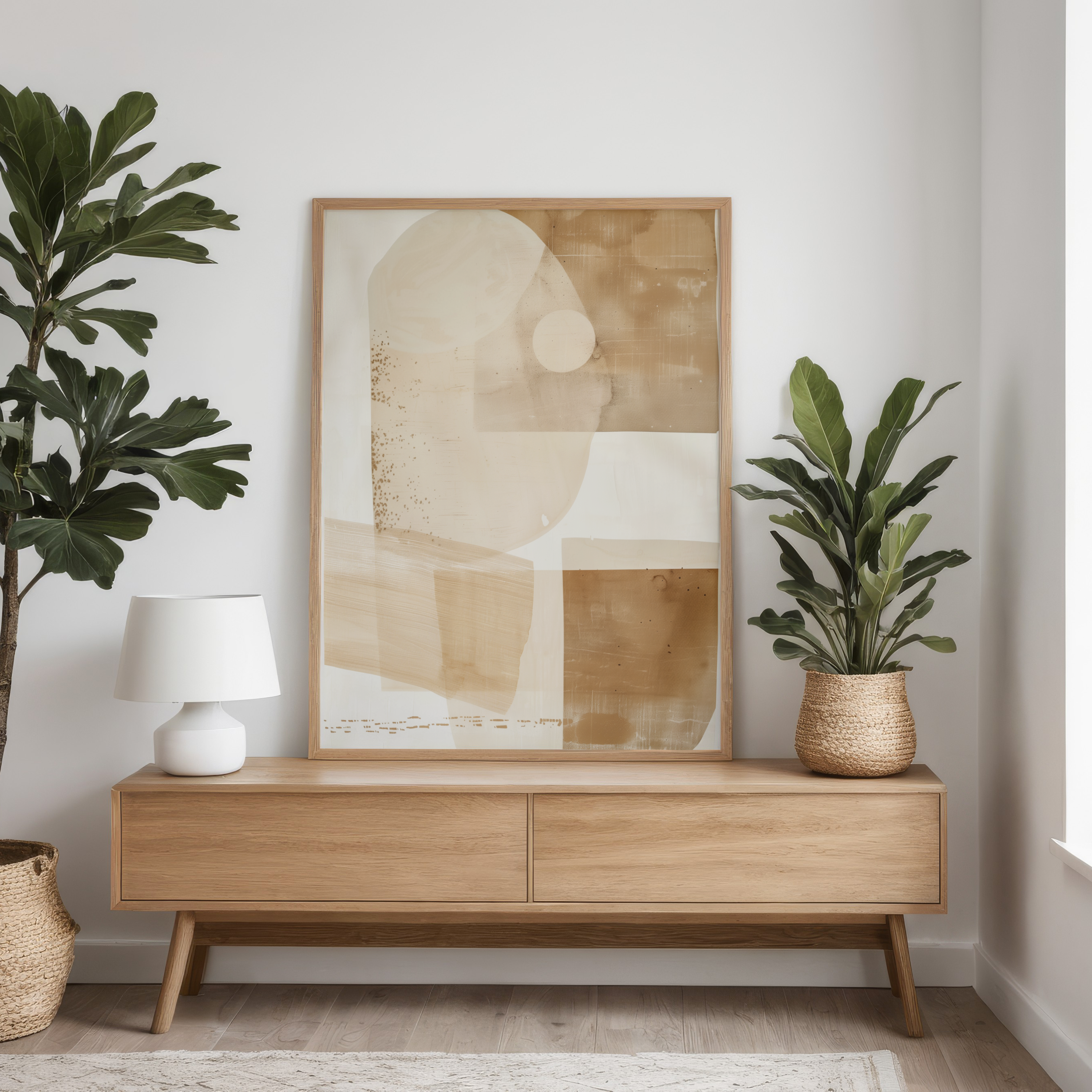 Wooden console table with abstract art and plants in a room.