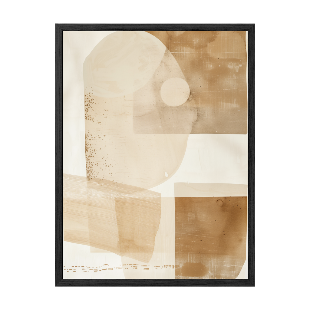 Abstract art print with geometric shapes in beige and brown tones on a white background.