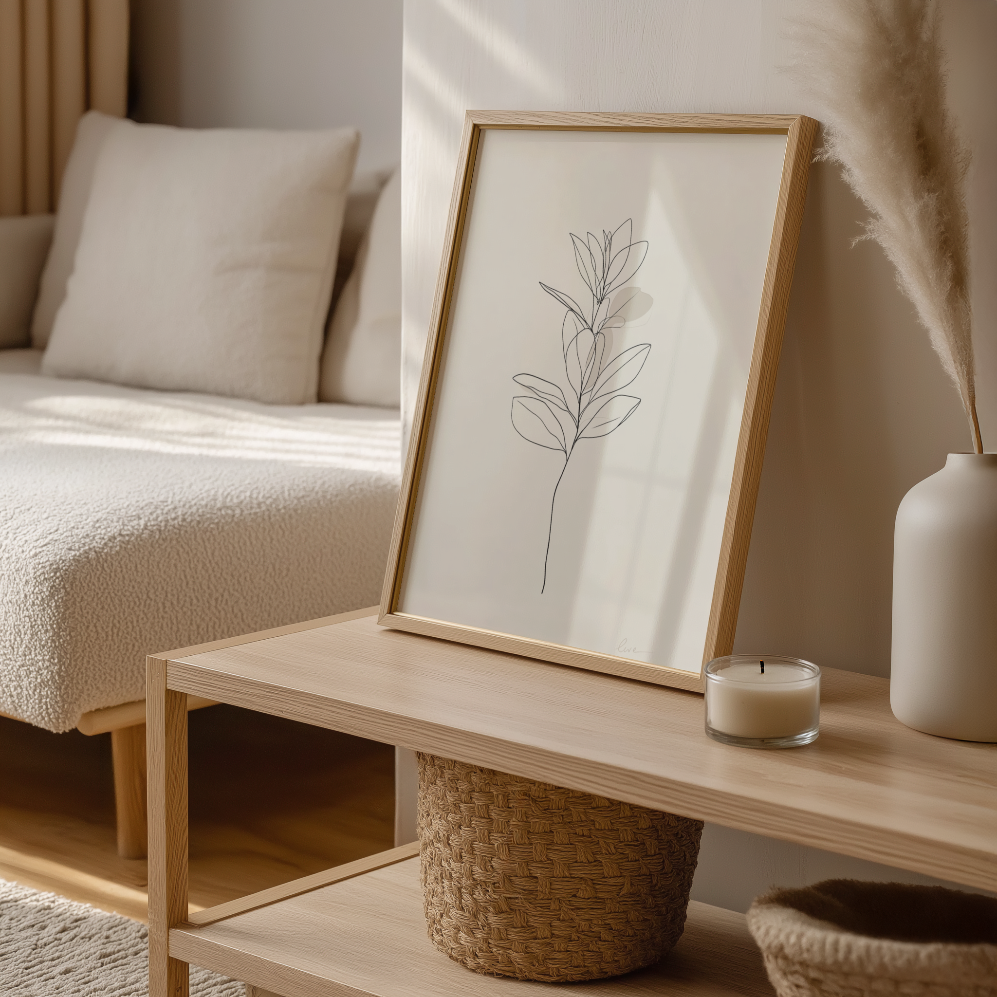 Framed artwork on a wooden coffee table with a candle and decorative items in a cozy living room.