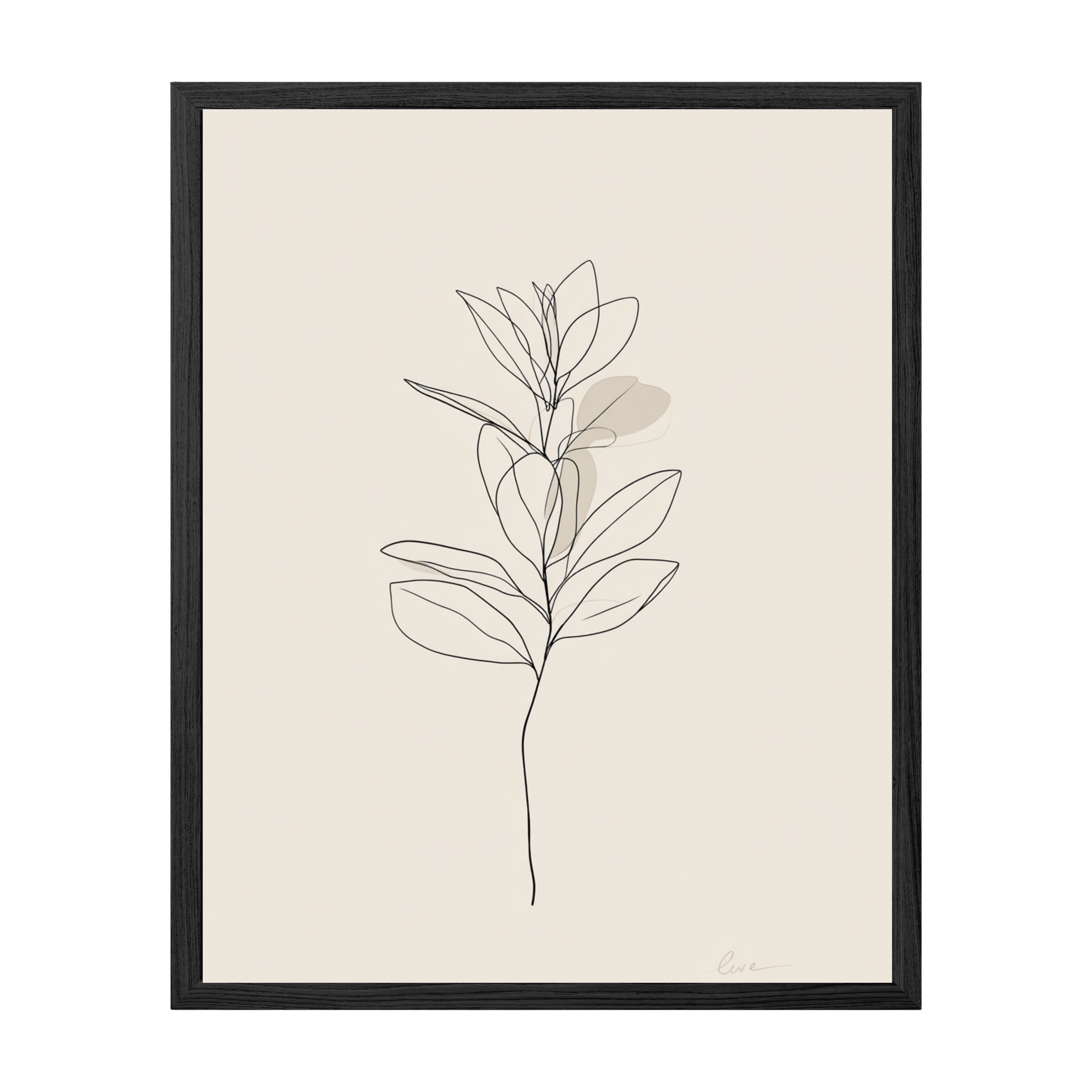 Framed artwork of a minimalist line drawing of a plant on a beige background