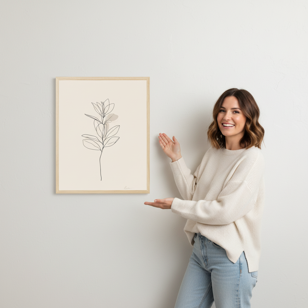 Woman standing next to a framed minimalist plant art print on a light gray wall.