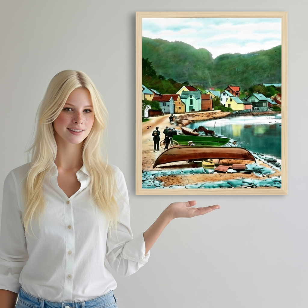 Woman standing next to a framed painting of a coastal scene with houses and boats.