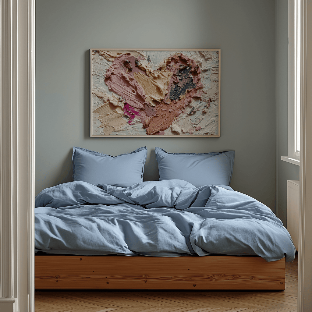Bedroom with light blue bedding and a heart-shaped abstract painting on the wall.