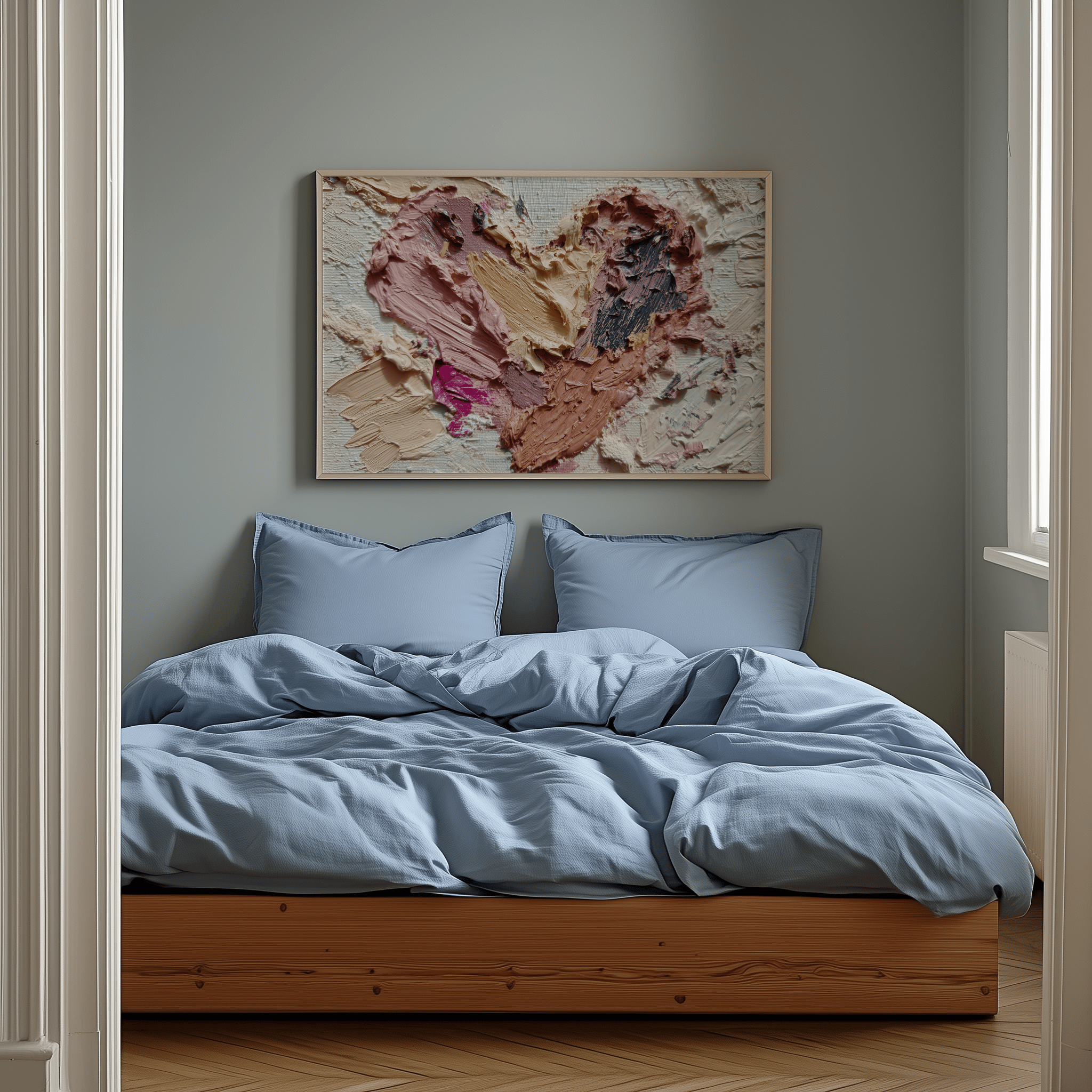 Bedroom with light blue bedding and a heart-shaped abstract painting on the wall.