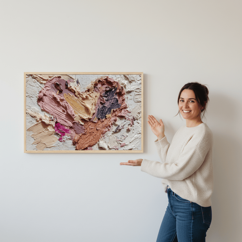 Woman standing next to a heart-shaped abstract art piece on a white wall