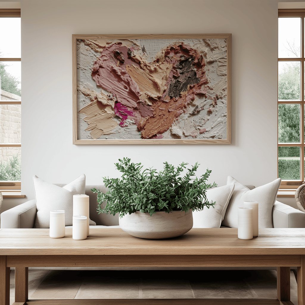 Living room with a wooden coffee table, potted plant, and abstract heart-shaped artwork on the wall.