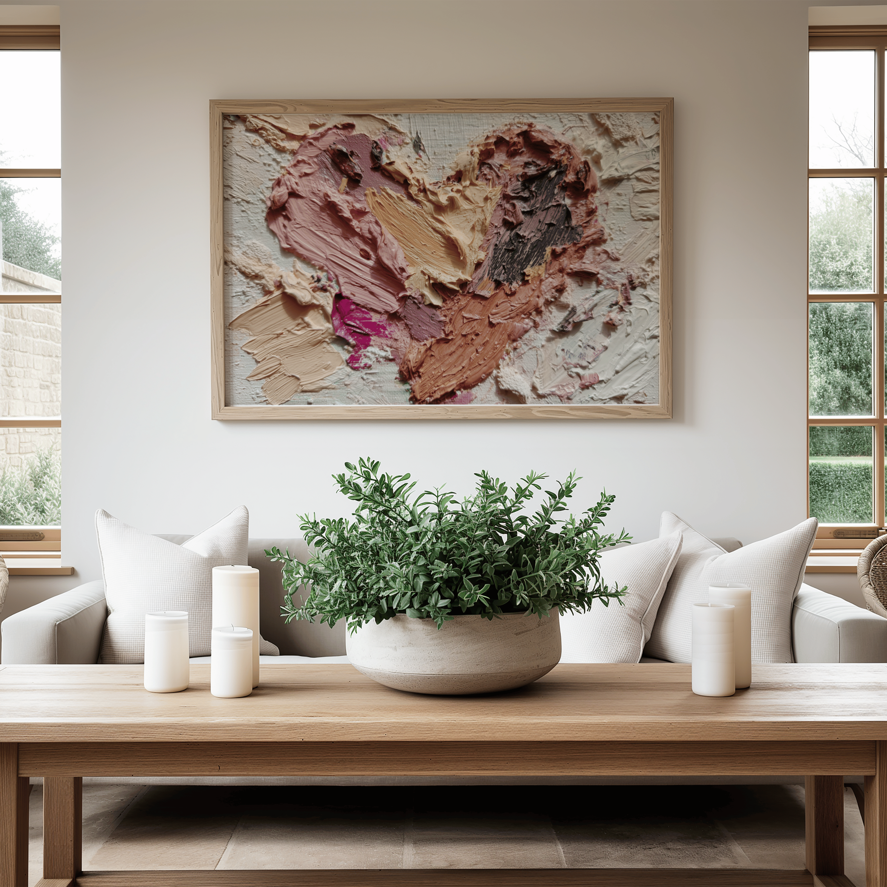 Living room with a wooden coffee table, potted plant, and abstract heart-shaped artwork on the wall.