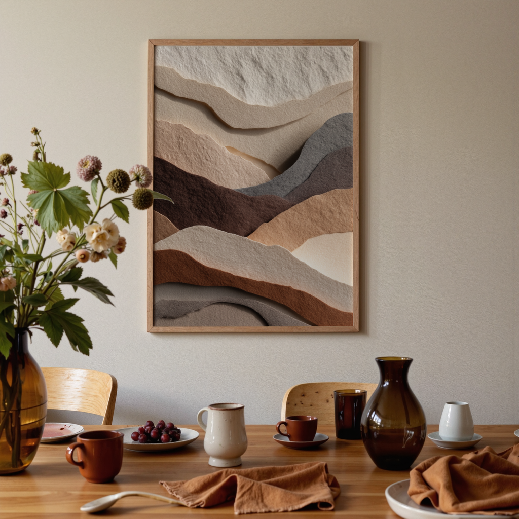 Dining room with a abstract mountain landscape painting on the wall, table set with cups and a vase.