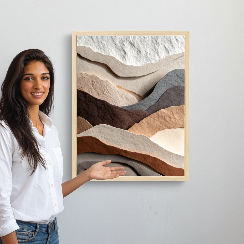Woman standing next to a framed abstract art piece on a wall
