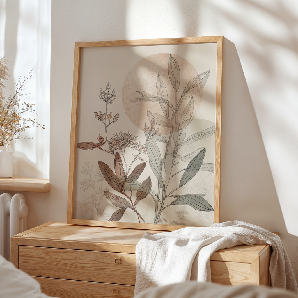 Framed botanical art on a wooden dresser with natural light