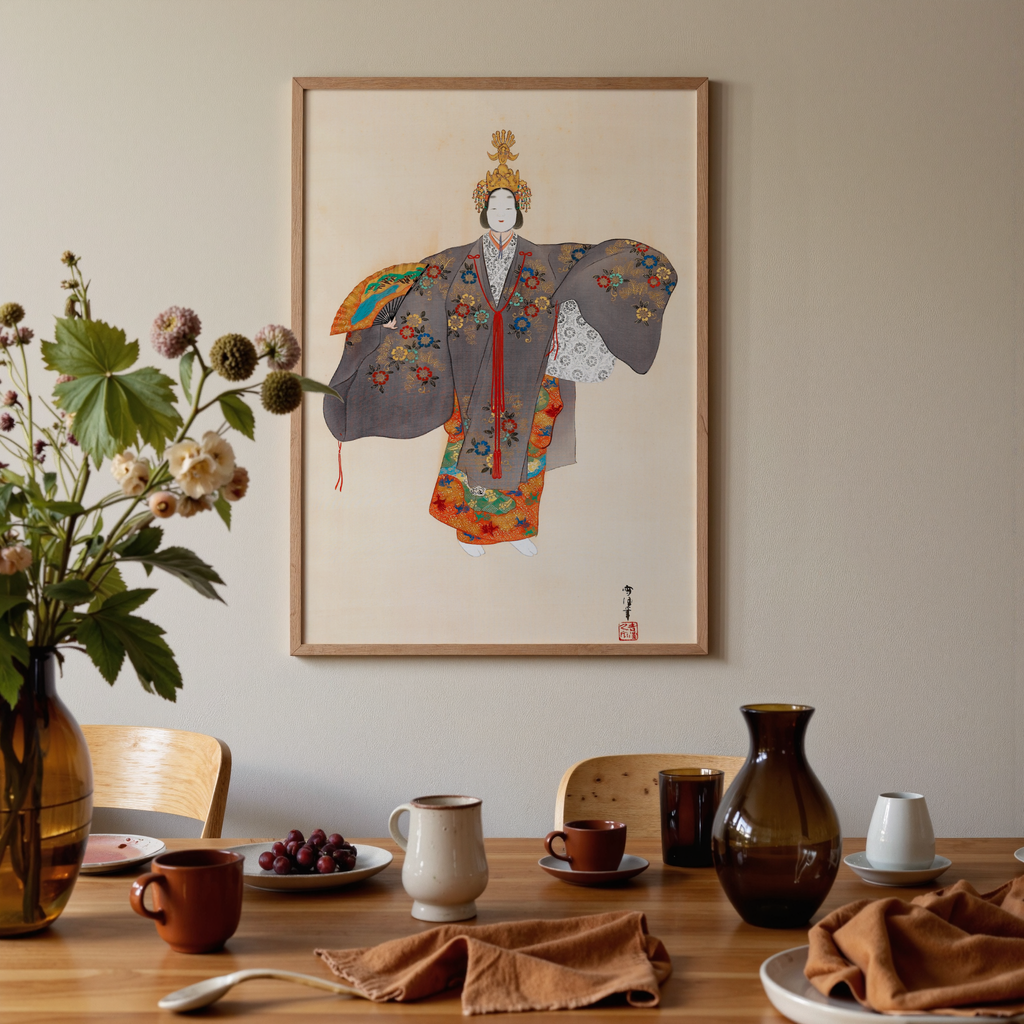 Dining room with a framed artwork of a traditional outfit on the wall, table set with cups and a vase.