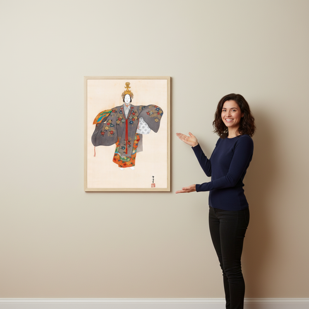 Woman pointing at a framed artwork of a traditional garment on a beige wall