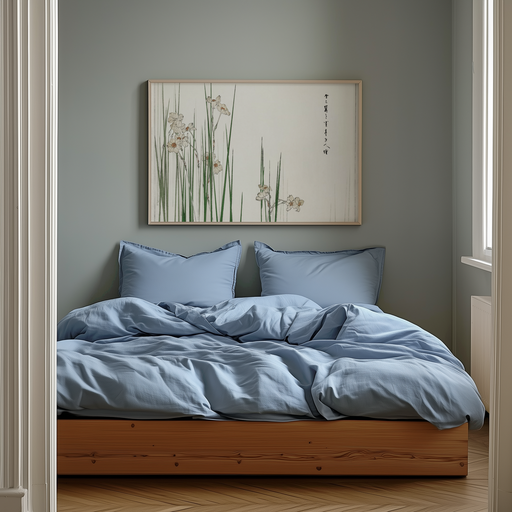 Bedroom with light blue bedding and a framed artwork on the wall.
