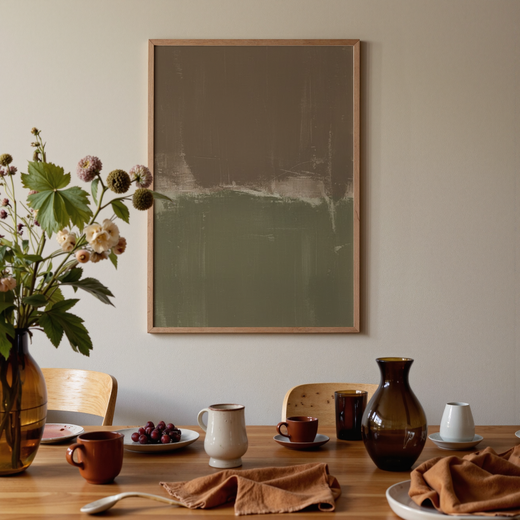 Dining room table with floral arrangement, vases, and abstract painting on the wall.