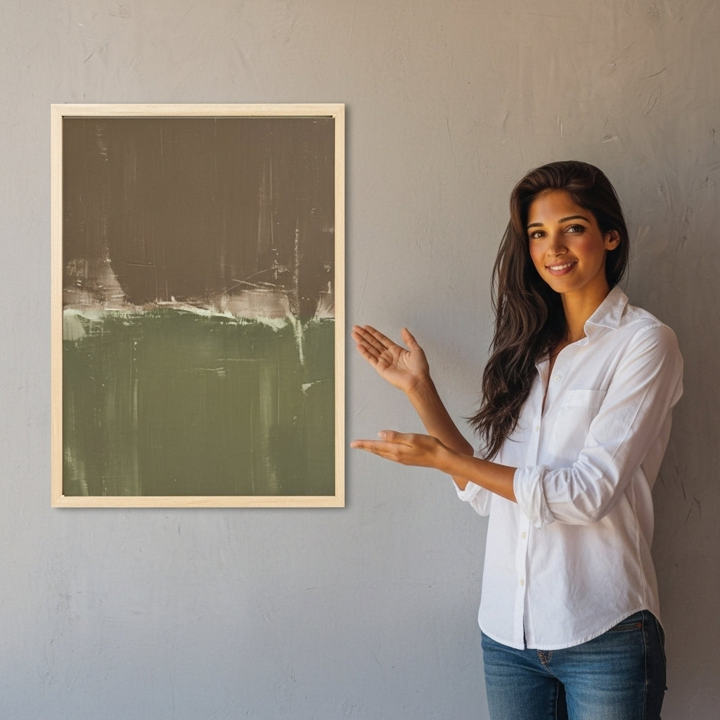 Woman standing next to a framed abstract art piece on a wall