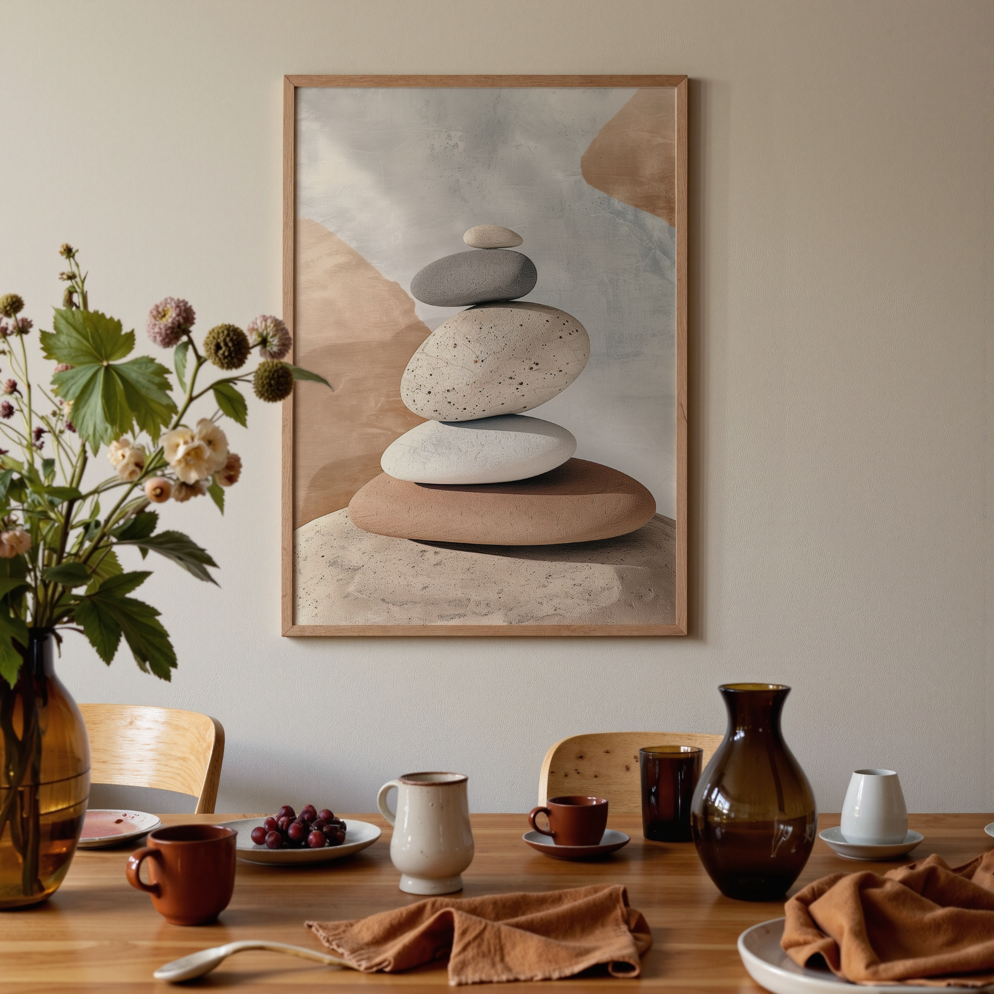 Dining room with a framed artwork of stacked stones on the wall, table set with cups and plates.