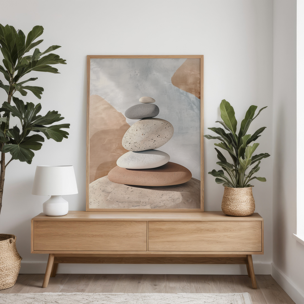 Wooden console table with a framed abstract art piece, plants, and a lamp in a room.