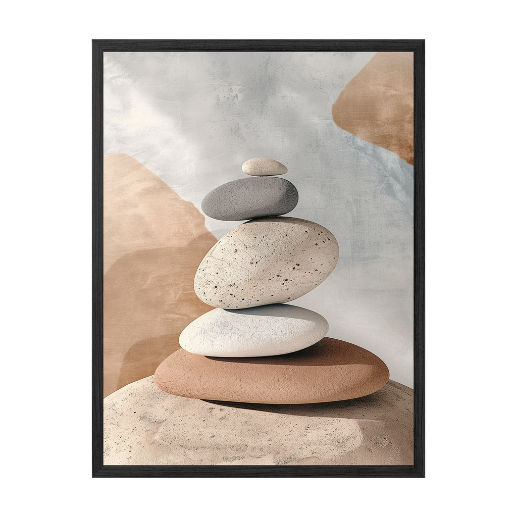 Framed artwork of stacked stones on a textured background