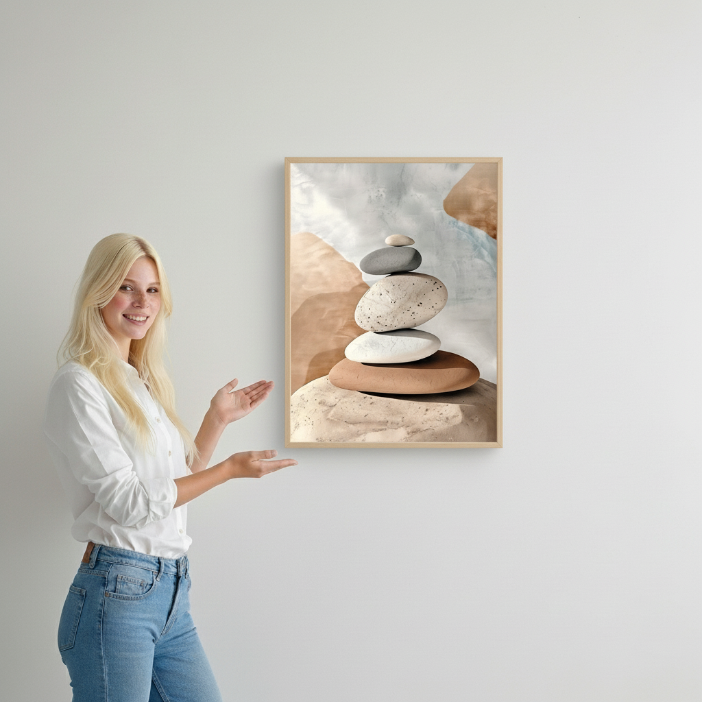 Woman standing next to a framed artwork of stacked stones on a wall.