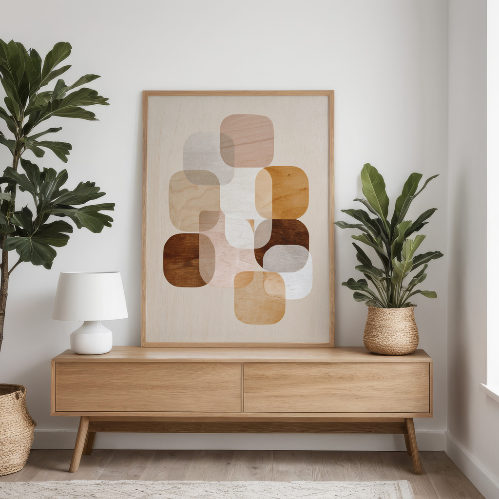 Wooden console table with abstract art and plants in a room.