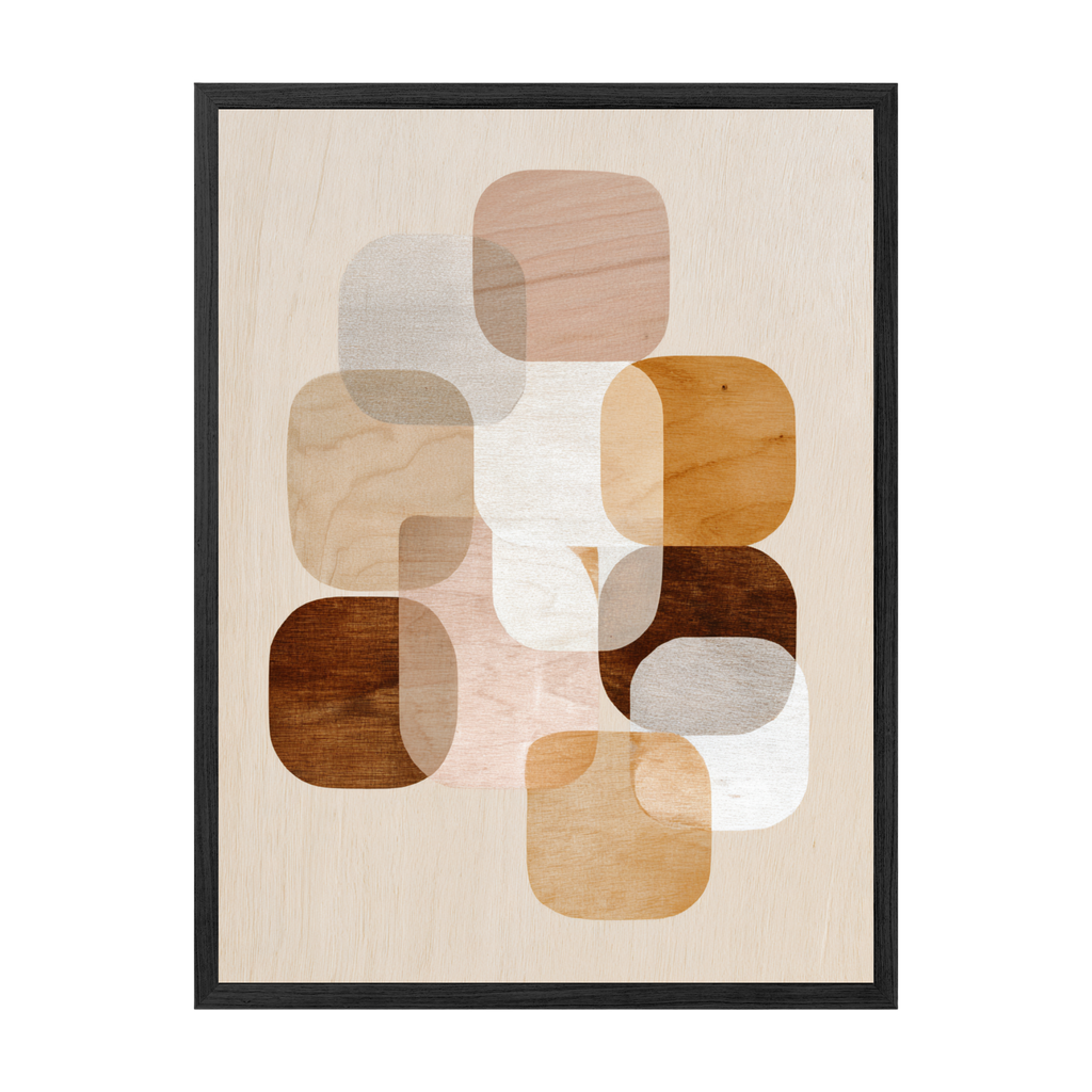 Framed abstract art print with geometric shapes on a beige background