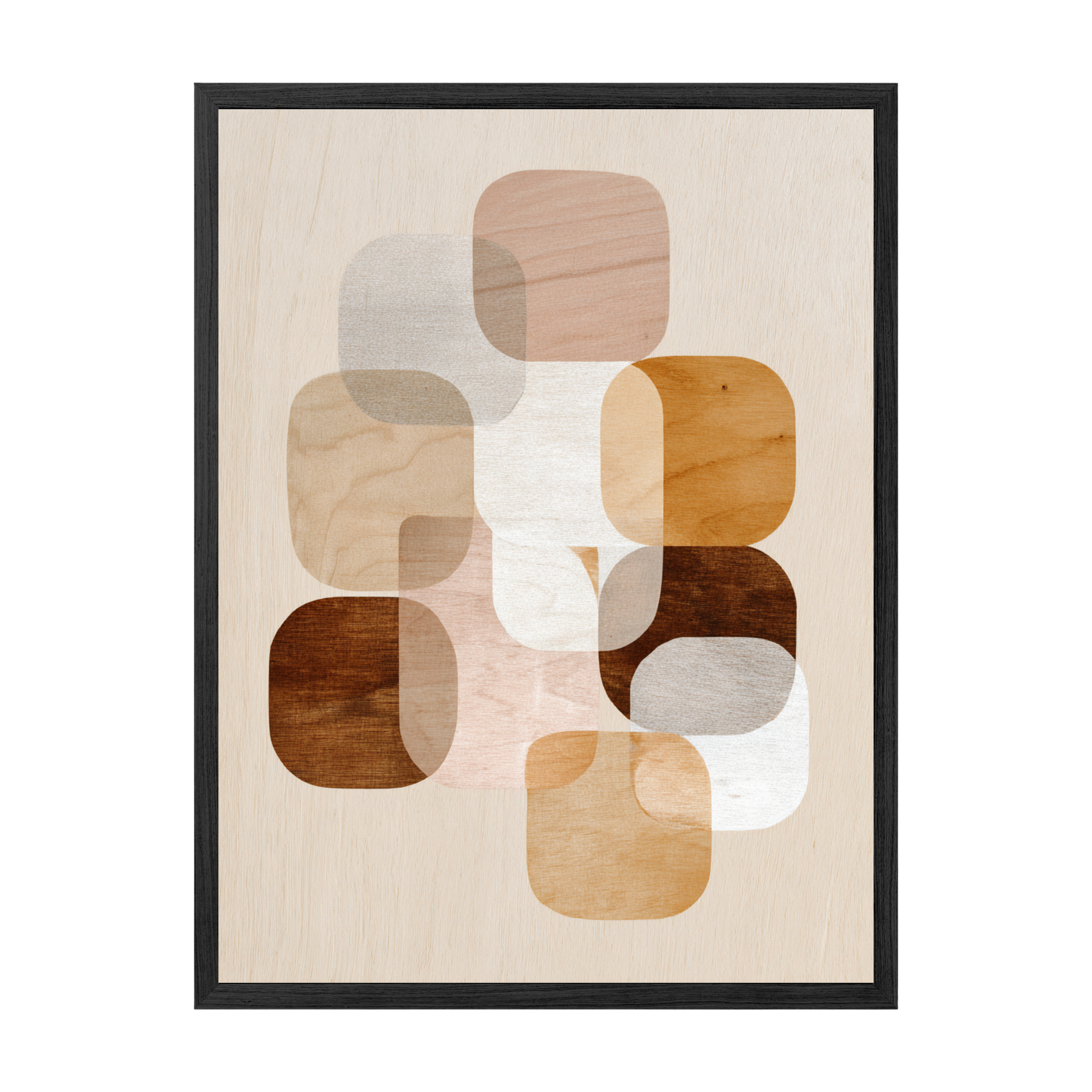 Framed abstract art print with geometric shapes on a beige background