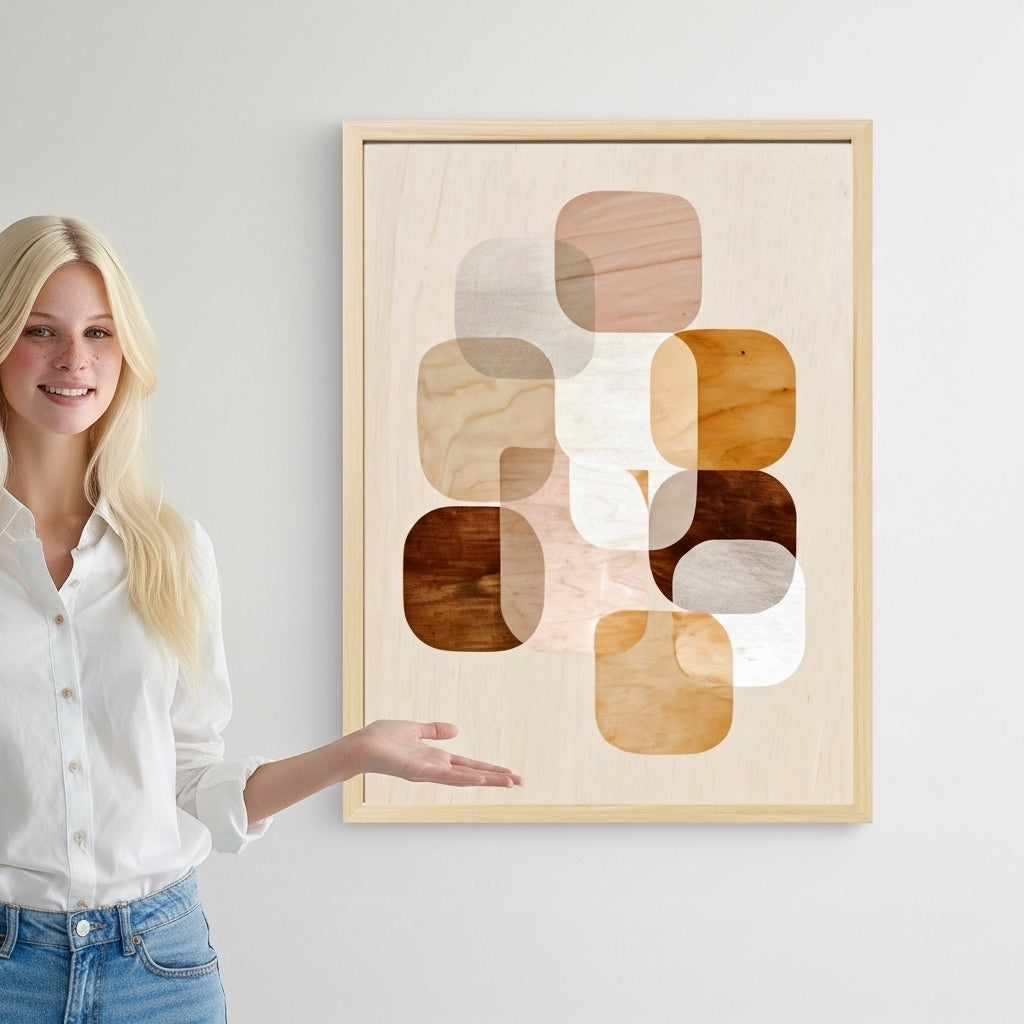 Woman standing next to a modern abstract wooden wall art piece.