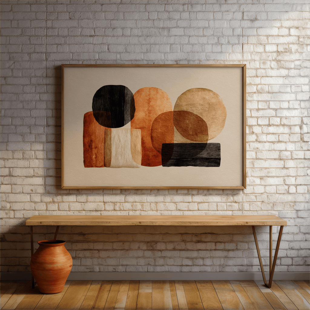 Abstract art piece on a brick wall with a wooden bench and vase below.