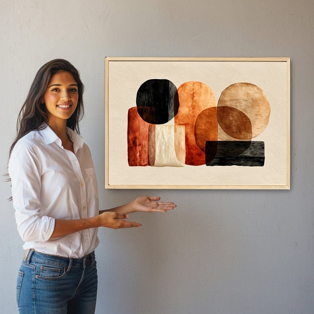 Woman standing next to a framed abstract art piece on a wall