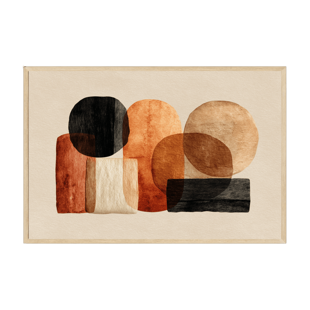 Japandi abstract art print with mellow softened shapes and warm neutral colors, minimalist décor for calm contemporary homes.