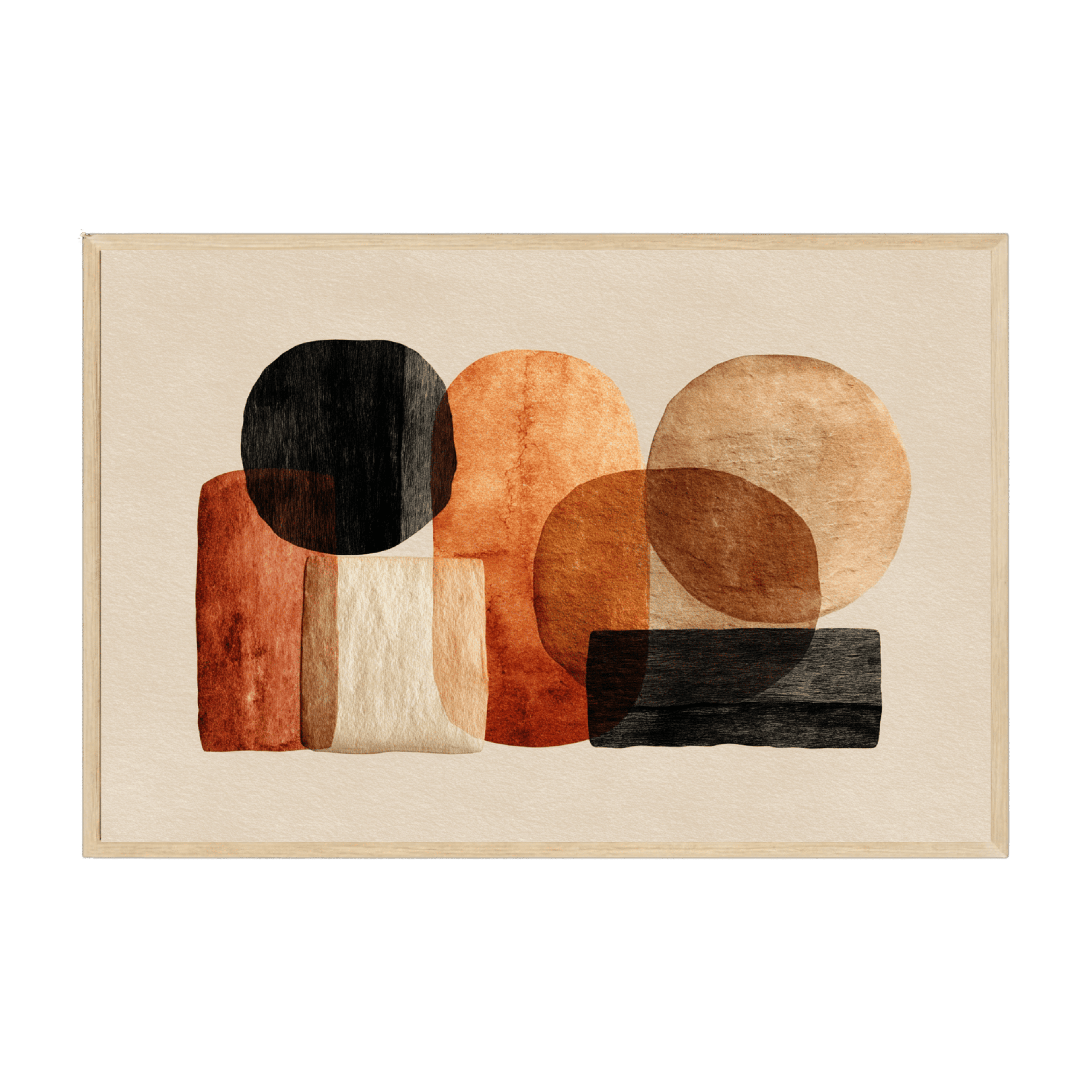 Japandi abstract art print with mellow softened shapes and warm neutral colors, minimalist décor for calm contemporary homes.