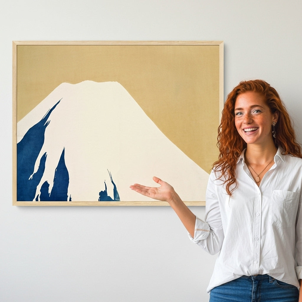 Woman standing next to a framed artwork of a mountain on a beige background