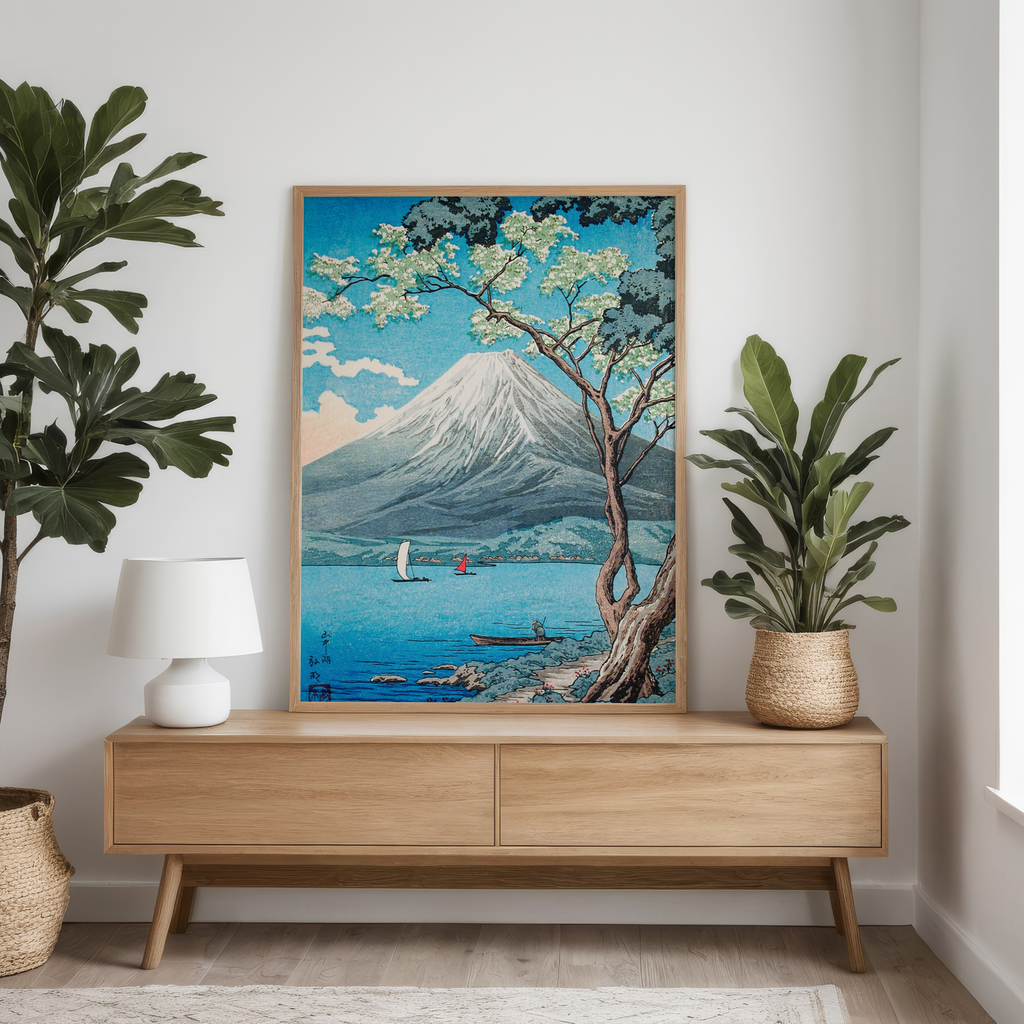 vintage japanese  print of mt fuji  on scandinavian console