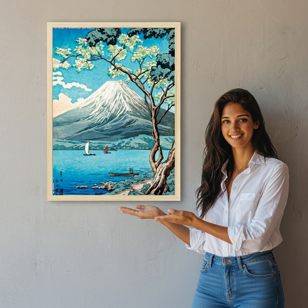 Woman standing next to a framed artwork of a mountain landscape with a tree and boats.