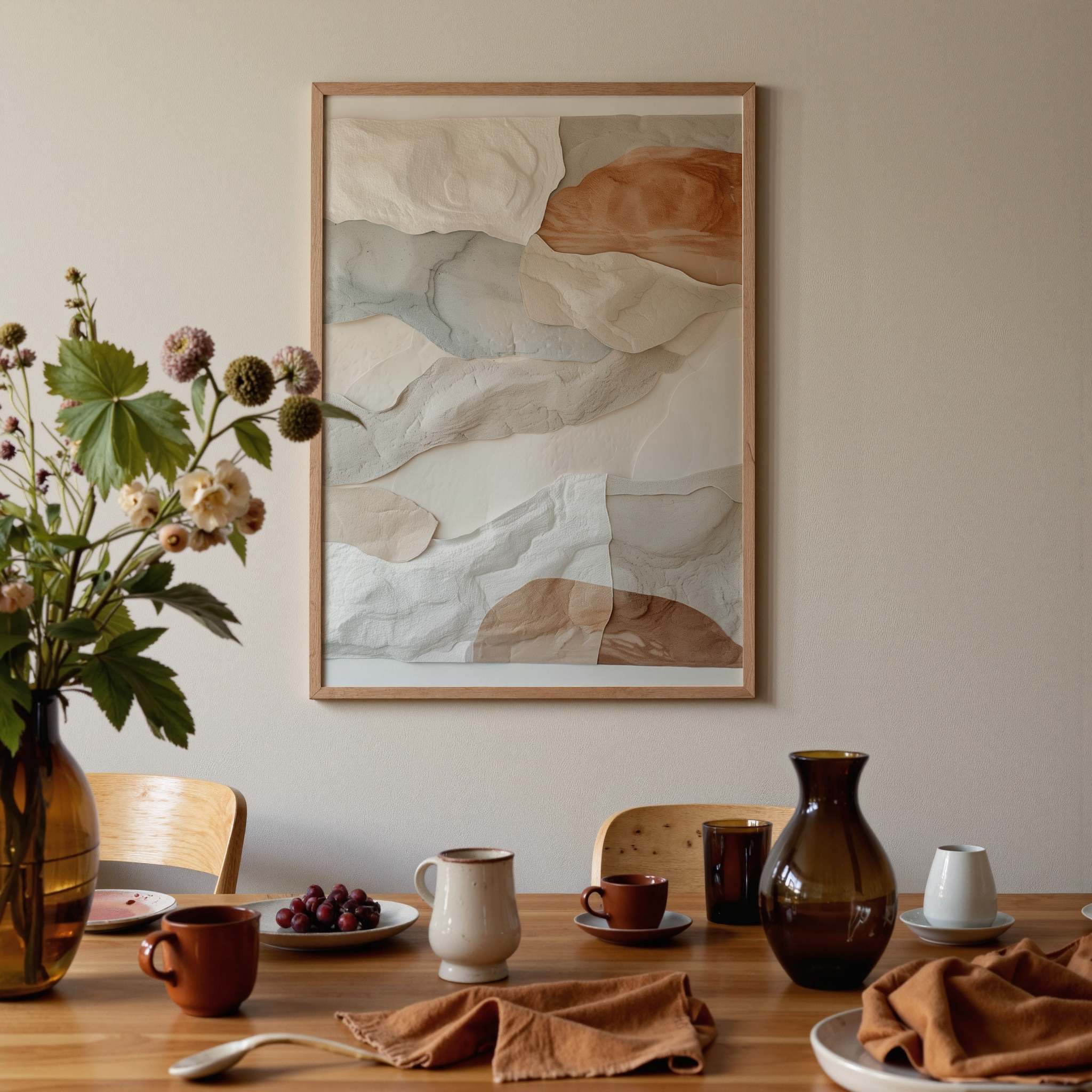 Dining room with a table set for a meal, abstract art on the wall, and decorative elements.