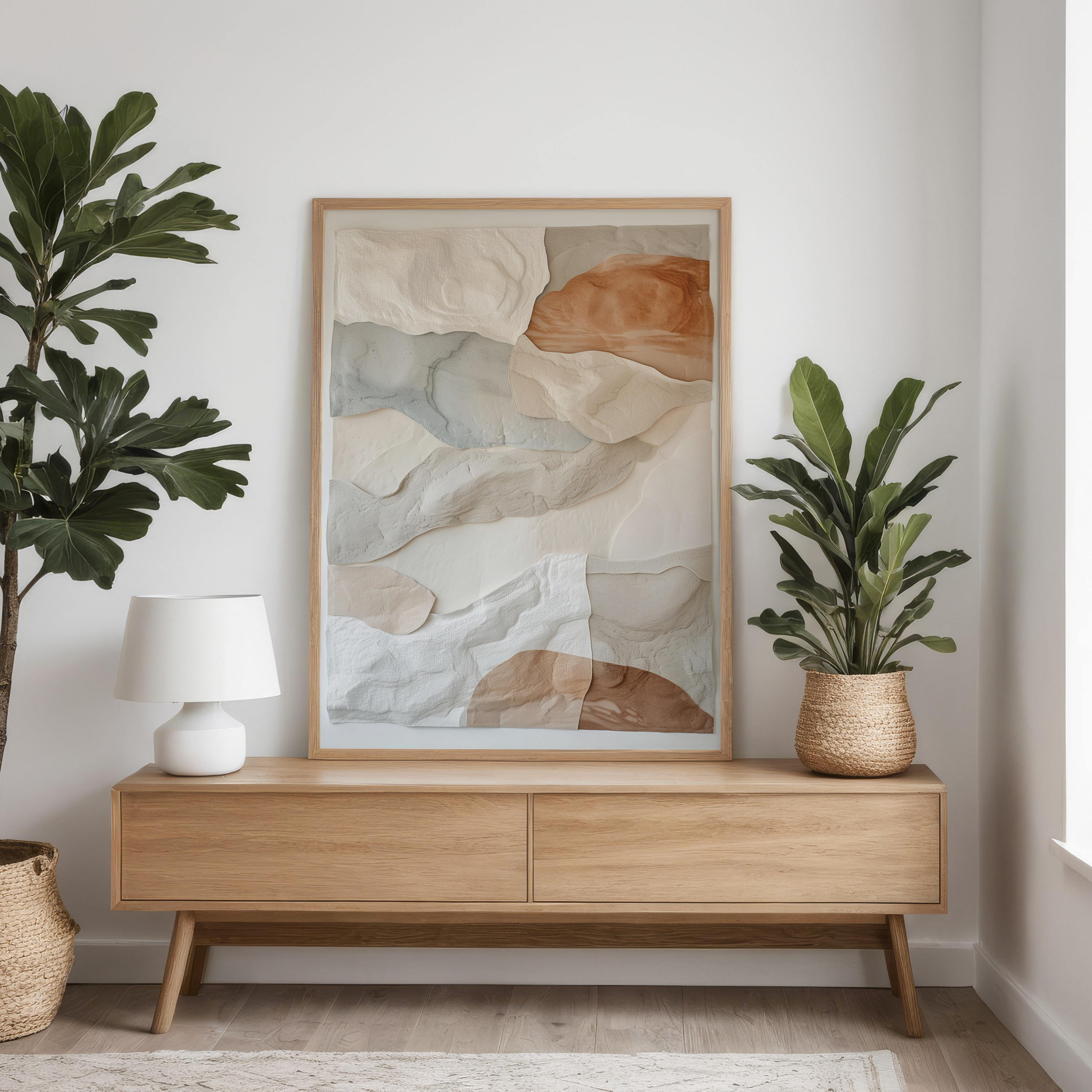 Wooden console table with abstract art and plants in a room setting