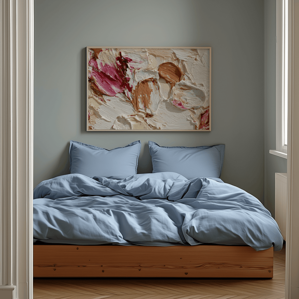 Bedroom with light blue bedding and a abstract painting on the wall.