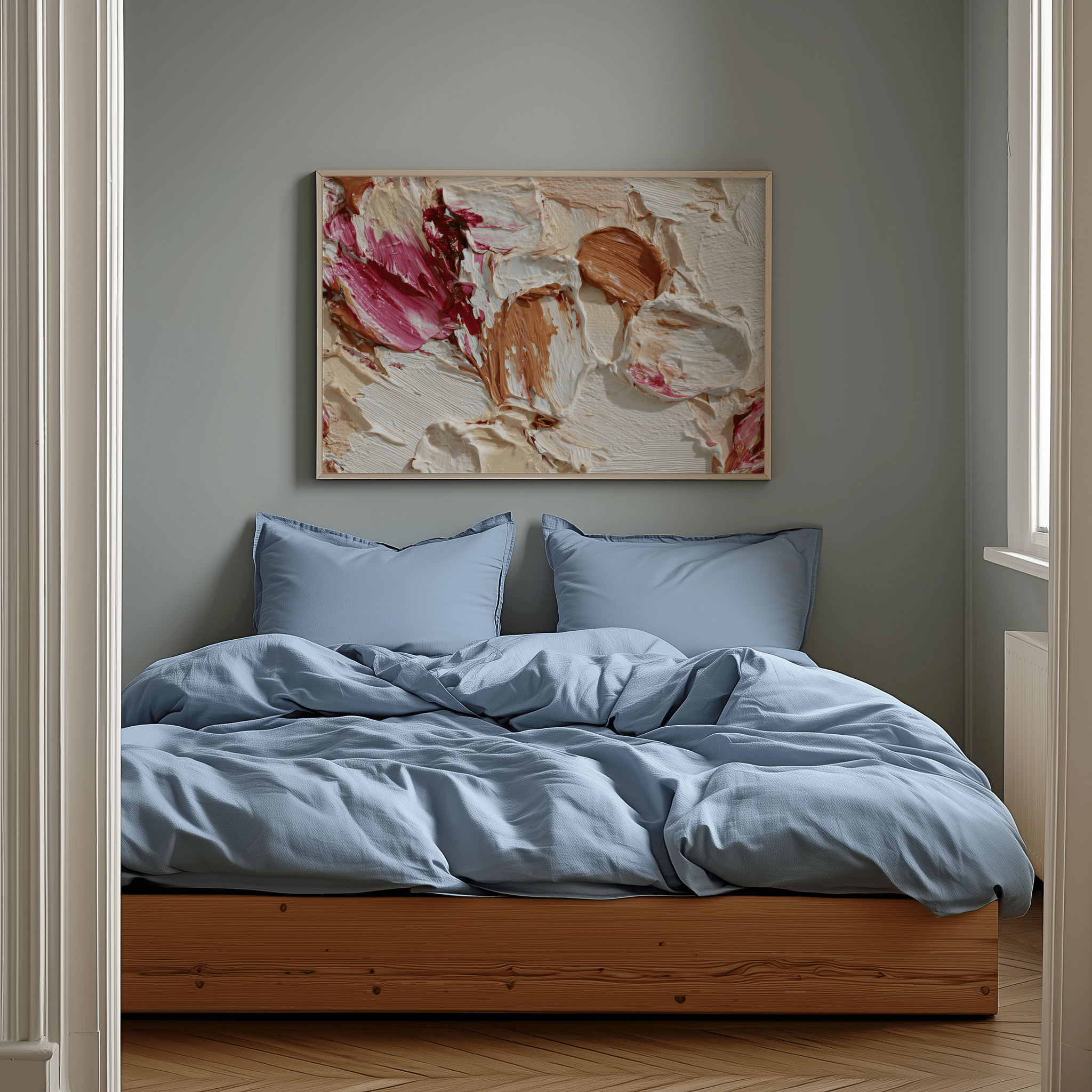 Bedroom with light blue bedding and a abstract painting on the wall.