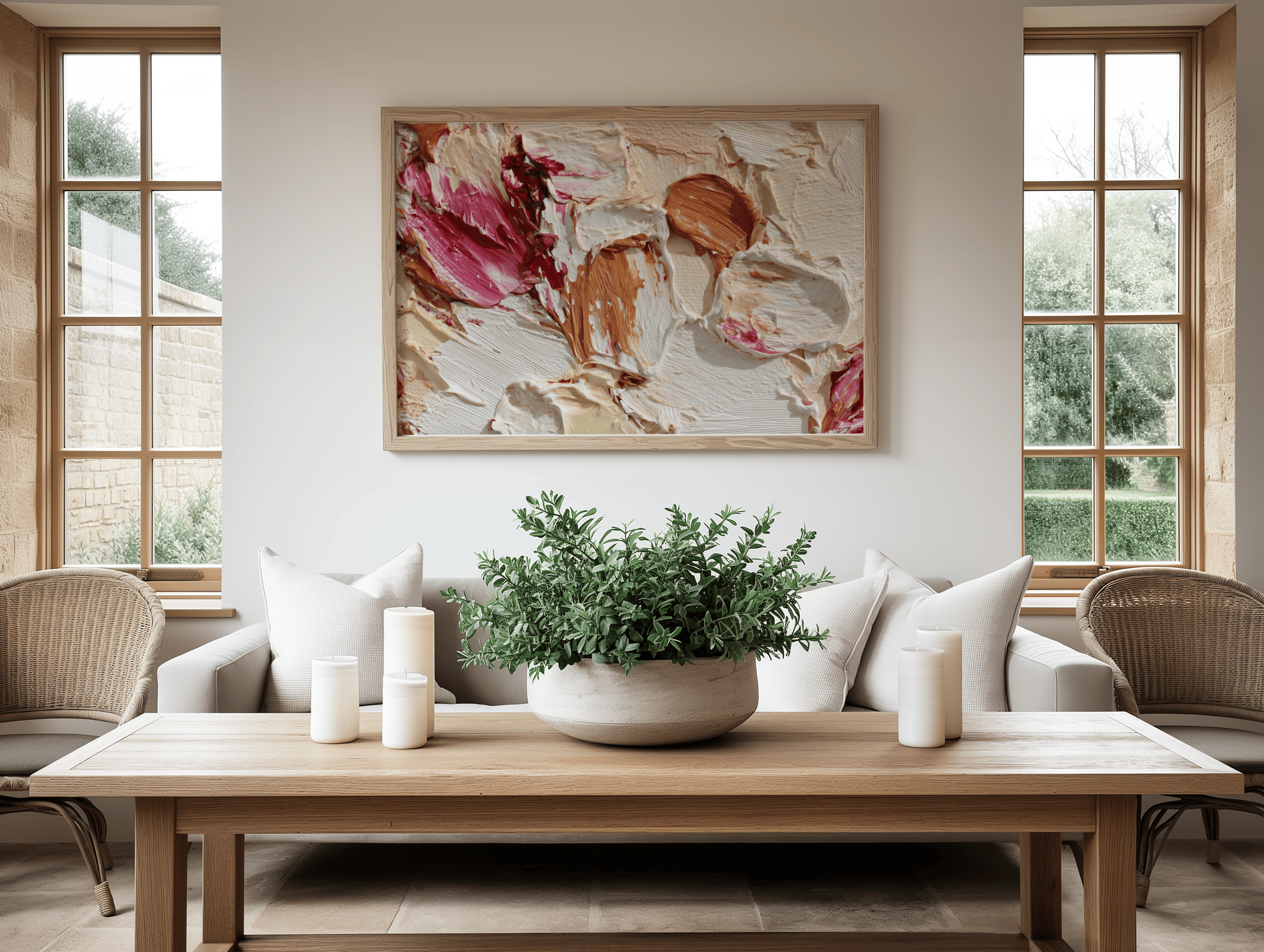 Living room with a wooden coffee table, potted plant, and abstract painting on the wall.